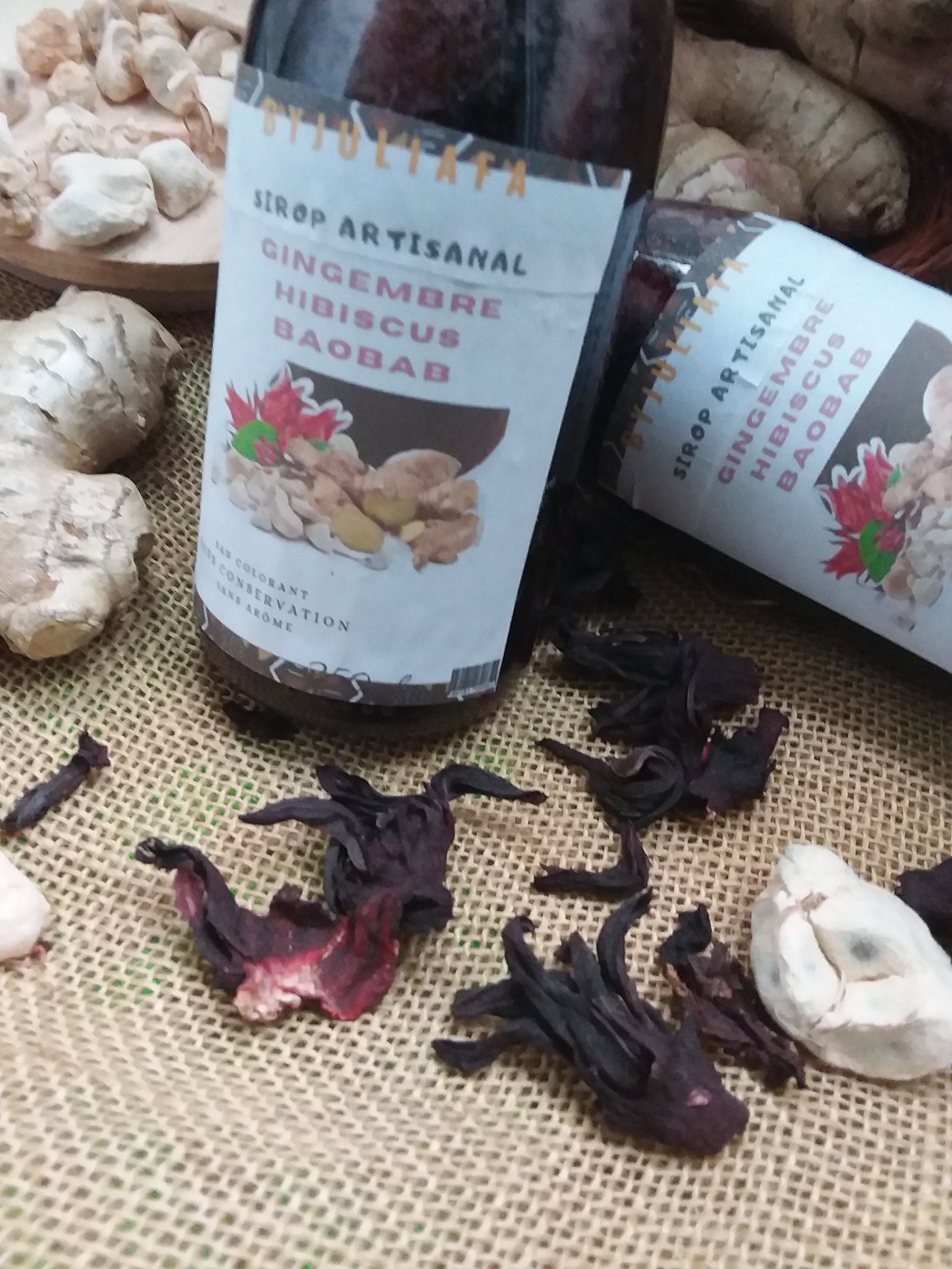Sirop Artisanal de Bissap Hibiscus/Baobab Gingembre 100% Naturels 250Ml X 2