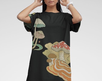 Fungi Print T-Shirt Dress, Botanical Nature Cottagecore Style