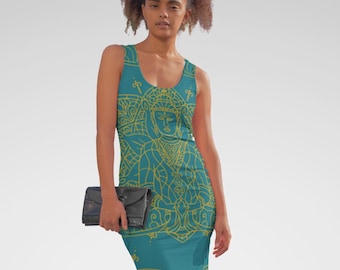 Teal Mandala Bodycon Dress, Spiritual Sacred Geometry Festival Outfit