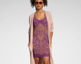 Purple Mandala Bodycon Dress, Spiritual Boho Meditation Festival Outfit