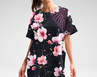 Oversized Floral T Shirt Dress – Cherry Blossom, Dark Botanical, Graphic Dress, Goth Cottagecore