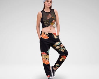 Mushroom Joggers: Trippy Psychedelic Print, Women's Hippie Pants