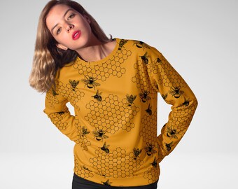 Oversized Bee Honeycomb Sweatshirt, Cottagecore Botanical Pullover, Nature Graphic Crewneck