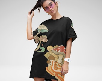 Mushroom Oversized T-Shirt Dress, Goblincore Fairycore Outfit, Dark Academia Style