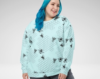 Mint Bee Honeycomb Sweatshirt, Oversized Cottagecore Nature Pullover