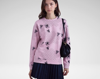 Pink Bee Honeycomb Sweatshirt, Oversized Cottagecore Nature Pullover