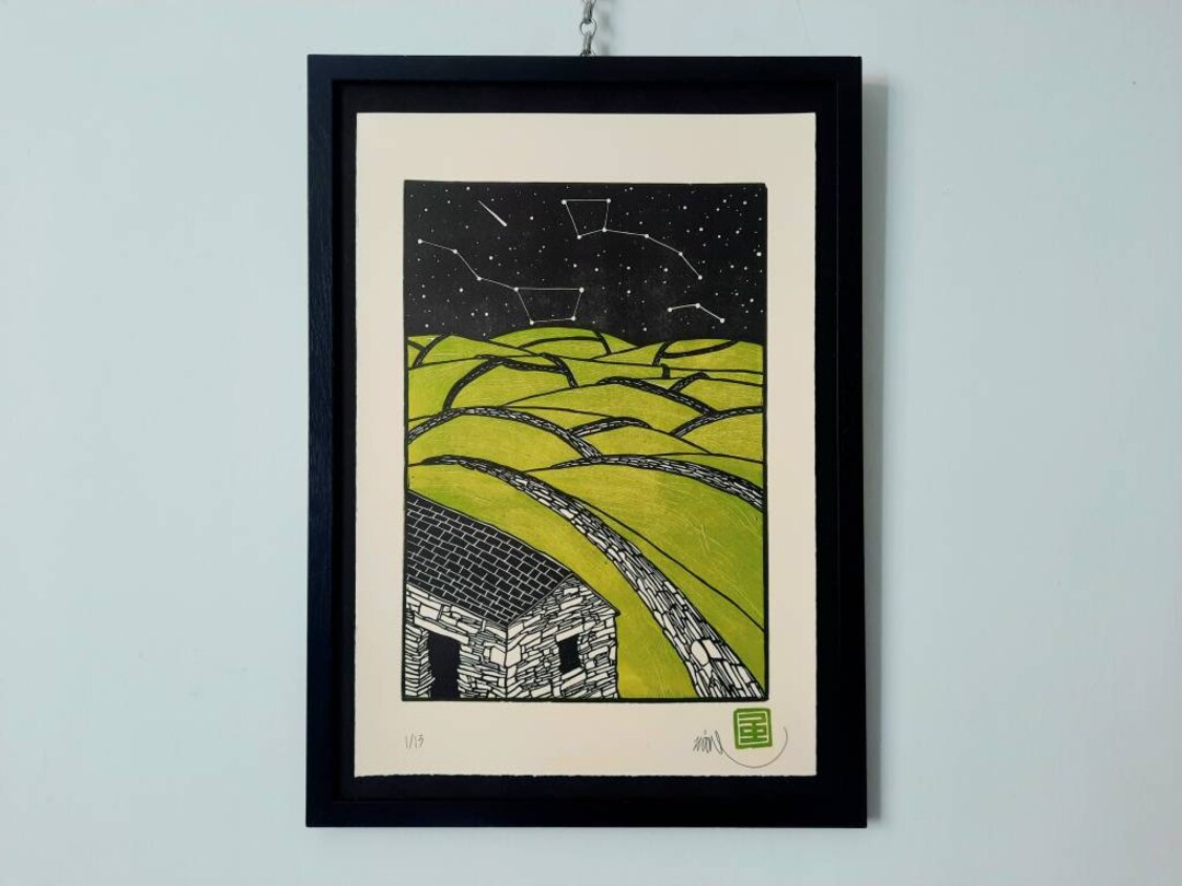 Original Linocut Print Hills and Valleys British Etsy