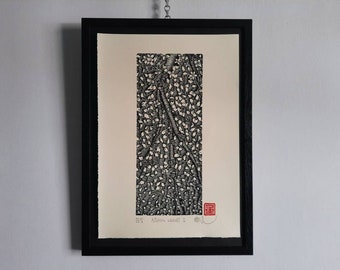 Original Linocut Print -AUTUMN LEAVES 2- tree art, nature drawing,  psychedelia, dark art, dream, metamorphosis, home decor, wall art, lines