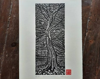 Impresión Linograbado original -HOJAS DE OTOÑO 1- arte de árboles, dibujo de la naturaleza, psicodelia, arte oscuro, sueño, metamorfosis, decoración del hogar, arte de la pared, líneas