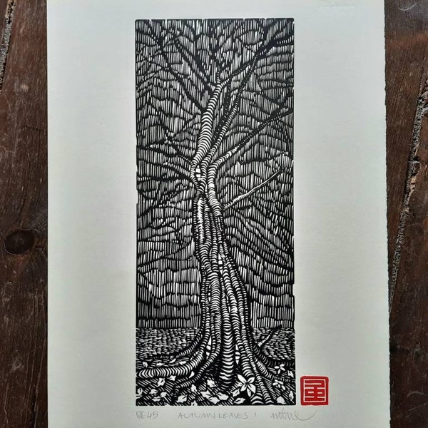 Original Linocut Print -AUTUMN LEAVES 1- tree art, nature drawing,  psychedelia, dark art, dream, metamorphosis, home decor, wall art, lines