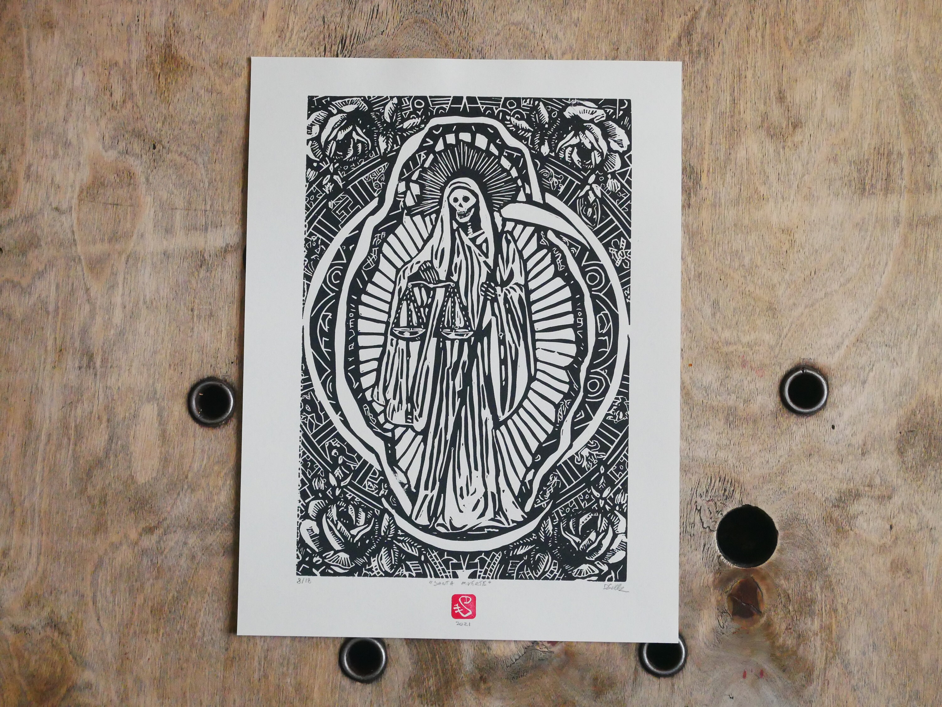 Santa Muerte Linocut Print | Original Occult Wall Art | Dark Goddess ...