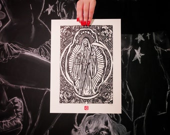 Original Art Linocut Print Santa Muerte Limited Edition Numbered and Signed