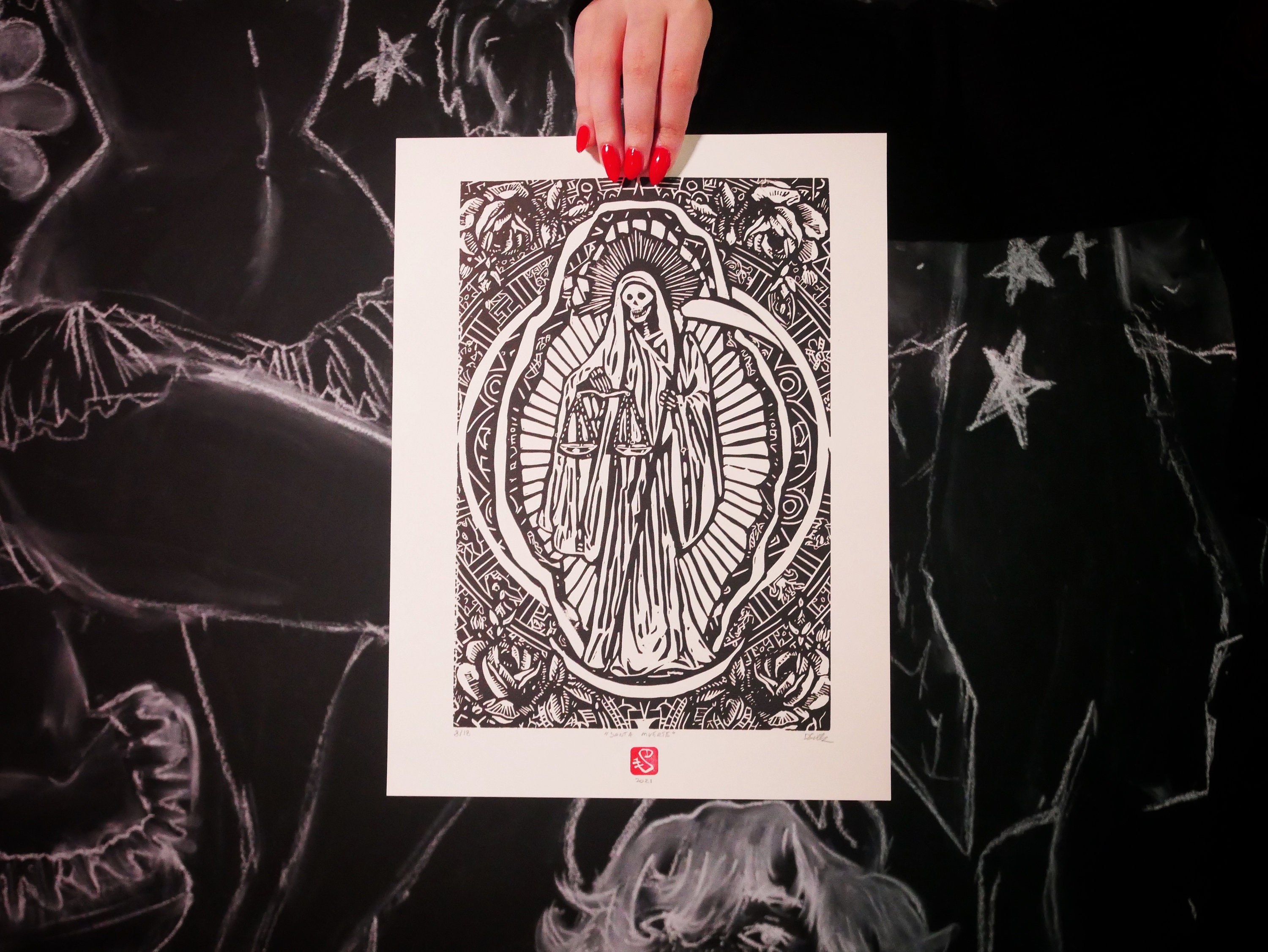Santa Muerte Linocut Print | Original Occult Wall Art | Dark Goddess ...