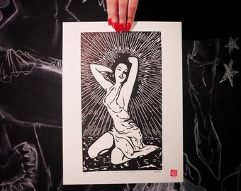 Original art Linocut print  Sunbathing On The Moon Vintage Looking Pinup Limited Edition Numbered and Signed.