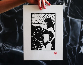 Pulp Noir Linocut Print | Dark Pinup Femme Fatale Art | When The Sun Goes Down Original Linoprint | Limited Edition Handpressed Artwork