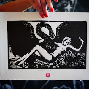 Original Art Woodcut Print Leda and the Swan Limited edition Numbered And Signed