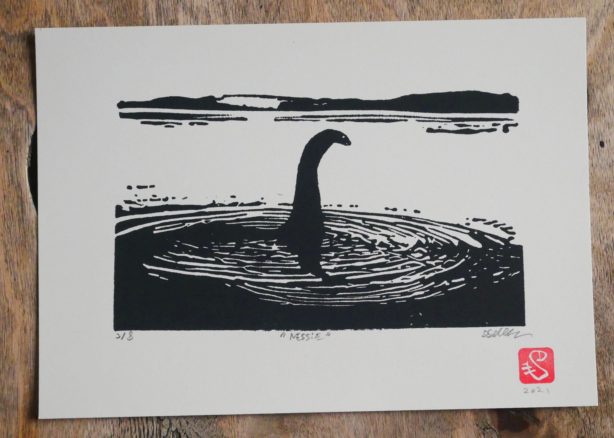 Monster Linocut Original Art Linocut Print Nessie the Loch Ness Monster Limited Edition ...