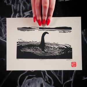 Original art Linocut print  Nessie  The Loch Ness Monster Limited Edition Numbered and Signed