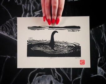 Original art Linocut print  Nessie  The Loch Ness Monster Limited Edition Numbered and Signed