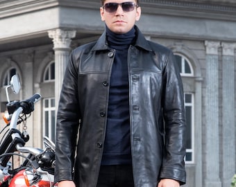 Black Leather Trench Coat for men, Real Leather Jacket, Long Jacket for men