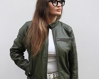 Green leather jacket for women, Cafe racer Jacket, Real Leather Slim Fit Jacket, Valentine Gift for her