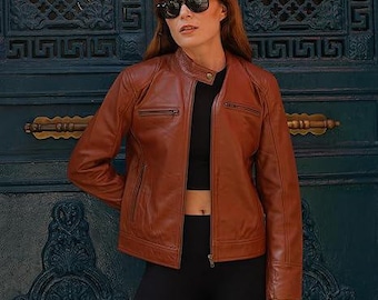 leather jacket for women tan shiny, Cafe racer Jacket, Real Leather Slim Fit Jacket, Valentine Gift for her