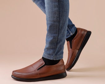 Classic Brown Leather Shoes for Men, Handmade Slip on Loafers, Best Gift for Him