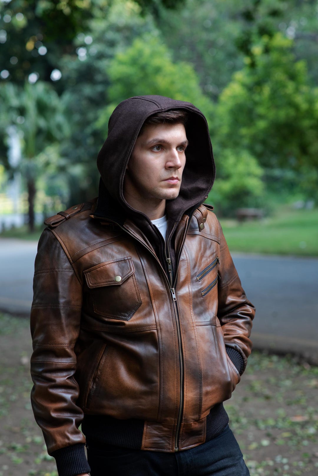 Buy Mens Leather Jacket, Brown Hooded Leather Jacket, RAF Aviator Jacket,  Leather Biker Jackets for Men, Slim Fit Classic Vintage Brown Jackets  Online