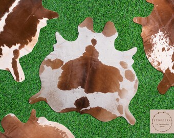 Cowhide Rug, Brown and White Unique Patterned Cow Print Rug, Cow Hide Leather Rug, Trendy Home Decor Carpet, Cowhide Patchwork Material
