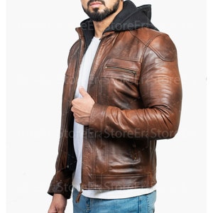 Mens leather Jacket, Brown hooded leather Jacket, RAF Aviator Jacket, Leather biker Jackets for men, slim fit classic vintage brown jackets