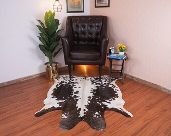 Cowhide rug Tricolor 5x5 ft, Genuine cow hide rug Large, Brown Cow Skin rug, Handmade Leather area rugs, Animal print hair on floor rug