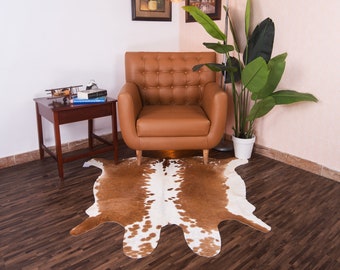 High Quality Cowhide Rug Brown and White 4x5 ft Area Rug, Handcrafted Leather Rug, Trendy Cowhide Floor Carpet for Modern Home Decor