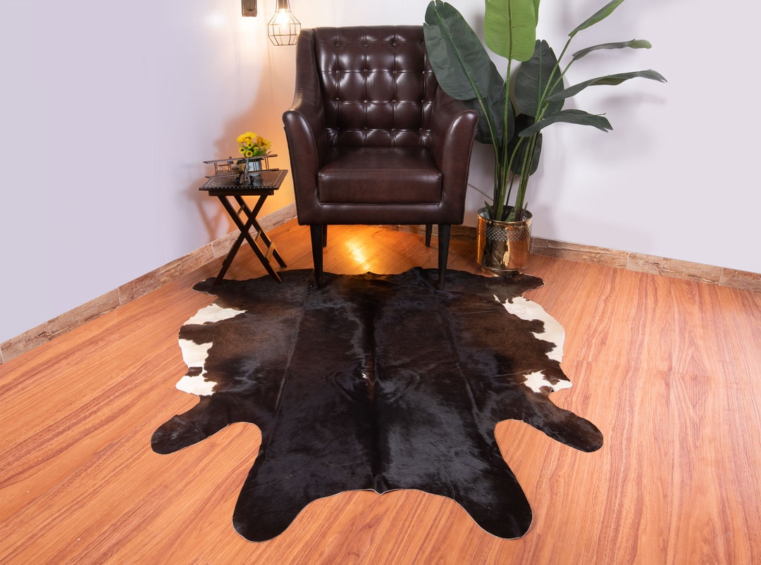 Exotic Cowhide Leather Area Rug, Brown Black 5x5 Ft Approx, Premium Cow