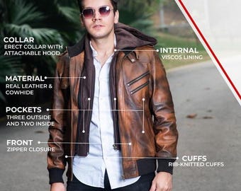 Buy Mens Leather Jacket, Brown Hooded Leather Jacket, RAF Aviator