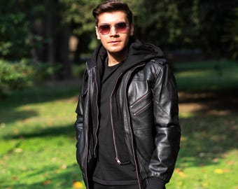 Men's Handmade Leather Jacket, Black Leather Jacket, Motorcycle Biker Style Jacket, Bomber Leather Jacket, Party Jacket for men