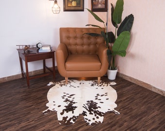 Spotted Brown and White Cowhide Rug 4x4 ft, Authentic Cow Skin Rug, Cow Hide Leather Carpet, Farmhouse Style Decor