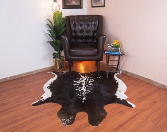 Black and White Cowhide Rug 5x5 ft, Natural Hide Area Carpets, Statement Piece Cow Hide Rug for Housewarming Gifts
