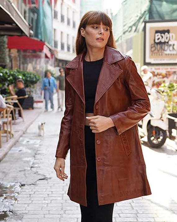 Genuine Leather Brown Long Trench Coat for Women, Stylish and Soft 