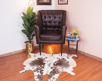 Exotic Grey White Cowhide Rug 4x4 ft, Genuine Cow Skin Leather Rug, Best Living Room Decor Carpet