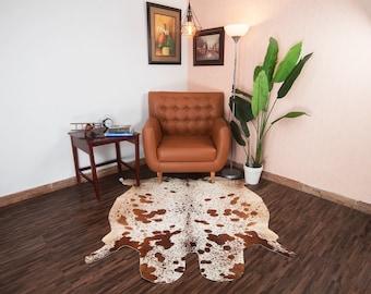 Salt and Pepper Cowhide Rug Brown and White 5x5 ft, Premium Cow Hide Hair on Leather Area Rug, Modern Rustic Cowhide Carpet