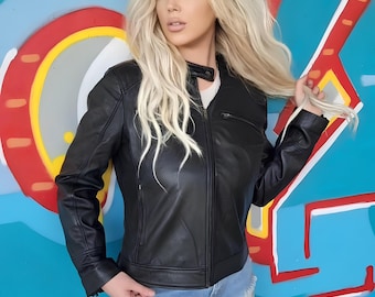 leather jacket for women, Black cafe racer Jacket, Real Leather Slim Fit Jacket, Leather Jacket Gift for her