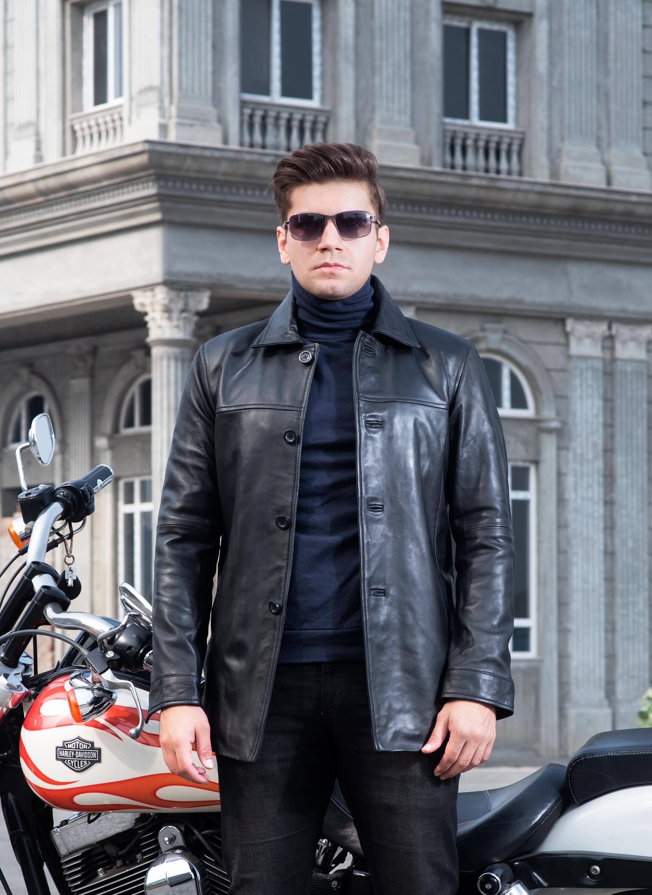 Black Leather Trench Coat for Men, Real Leather Jacket, Long