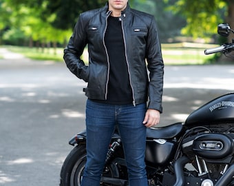 Handgefertigte Lederjacke Herren, Schwarze Bikerjacke, Echtleder Slim Fit Motorradjacke, Herren Lederjacke Geschenk für Ihn