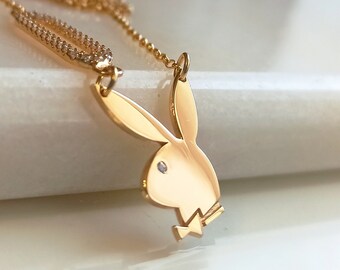 14Kソリッドゴールドのプレイボーイネックレス、大胆なペンダント