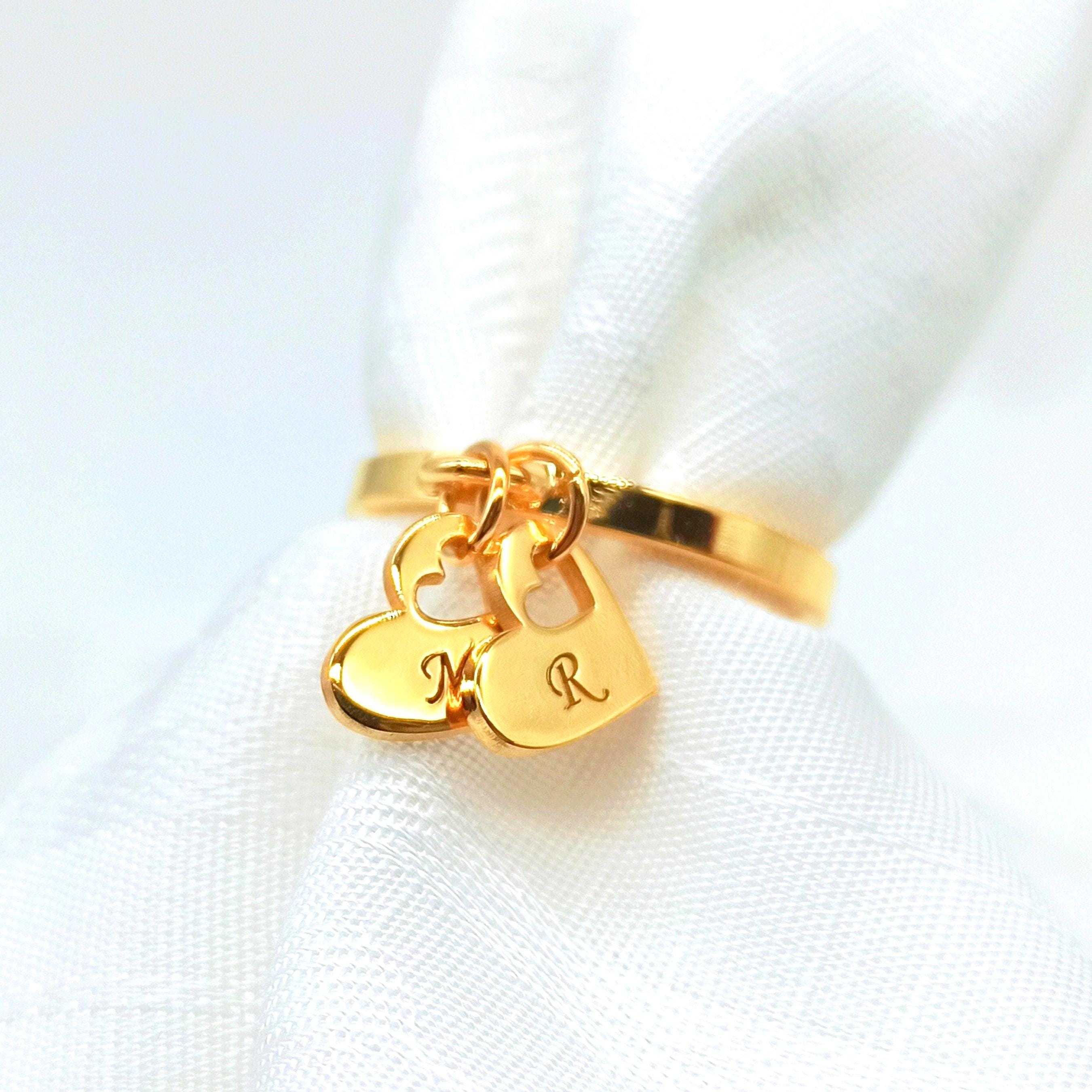 18K Gold Heart Ring Dangle, Initial Personalized Jewelry, Gift For Her Birthday, Christmas, Mother and Valentines day