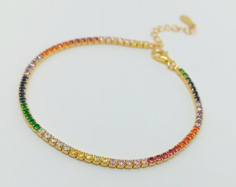 Rainbow Tennis Bracelet Gold Dainty bracelet 18K gold plated 925 sterling silver Best Friend Gift