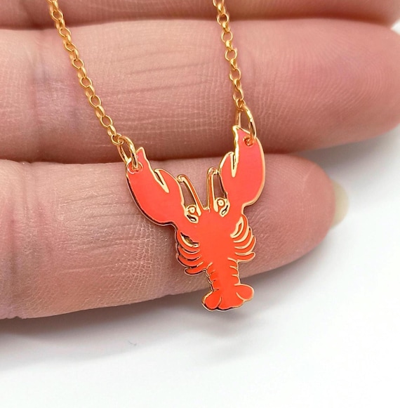 Lobster Necklace, Lobster Charm Pendant, Crayfish Enamel