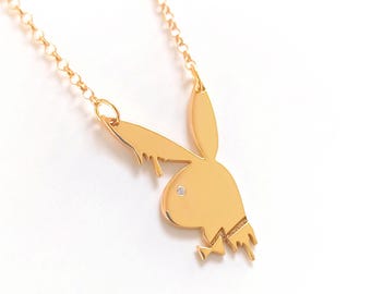 14Kソリッドゴールドのプレイボーイネックレス、大胆なペンダント