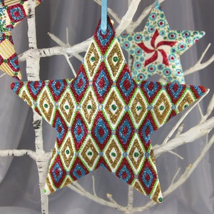 Fine Glitter Patterned Assortment Set of 3 Decorated 2-D Tin Star Ornaments Hand Painted One of a Kind