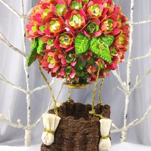 Hydrangea Flower Bright Pink and Pistachio Bloom Decorated Glass Hot Air Balloon Ornament Large Hand Painted One of a Kind